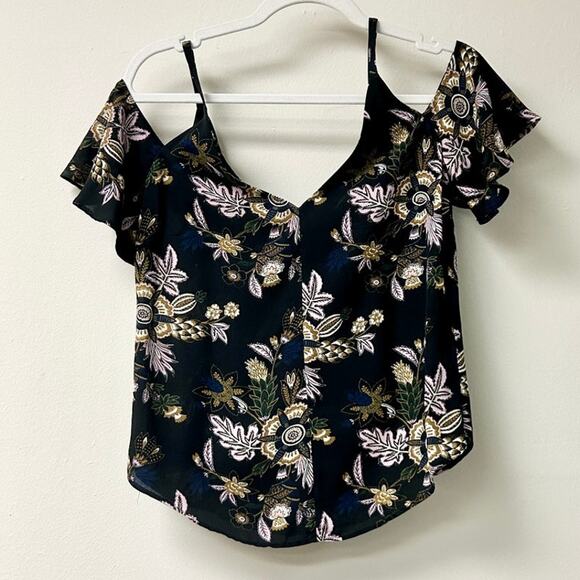 A.L.C. Olivia Floral Print Cold Shoulder V-Neck Blouse Top Black Women's Size 0 - Picture 3 of 5